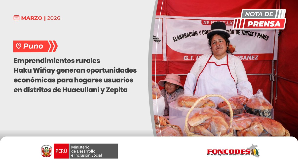 MidisFoncodes's tweet photo. #NotaDePrensa 📢 | Puno: #Foncodes impulsa economía rural con feria de emprendimientos #HakuWiñay
🔗 Conoce más: https://t.co/cONzhJCise https://t.co/w6EYdjPYVb