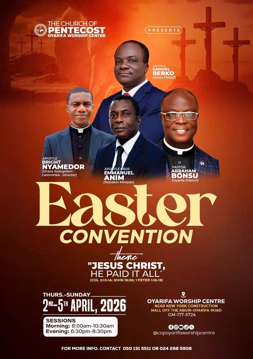 OWCCOP's tweet photo. @thecophq Join The COP - Oyarifa Worship Centre for a life-changing Easter Convention 🔥

Whether you're in Teiman, Danfa, Kweiman, or right here in Oyarifa, there is a seat waiting for you! 🪑

🌍 GPS: GM-177-5724

🛣️ Direction: Near New York Construction Mall, off the Aburi-Oyarifa road. https://t.co/dRxY5nwlr0