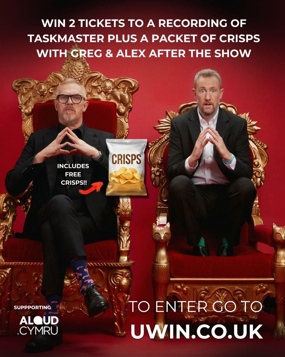 AlexHorne's tweet photo. Competition time! How would you like the chance to watch a Taskmaster live record AND share a packet of crisps with Greg and me? Well, here’s your chance! Just follow the link below to enter.

https://t.co/fxqZq1M5In https://t.co/qS3pr32Wwg