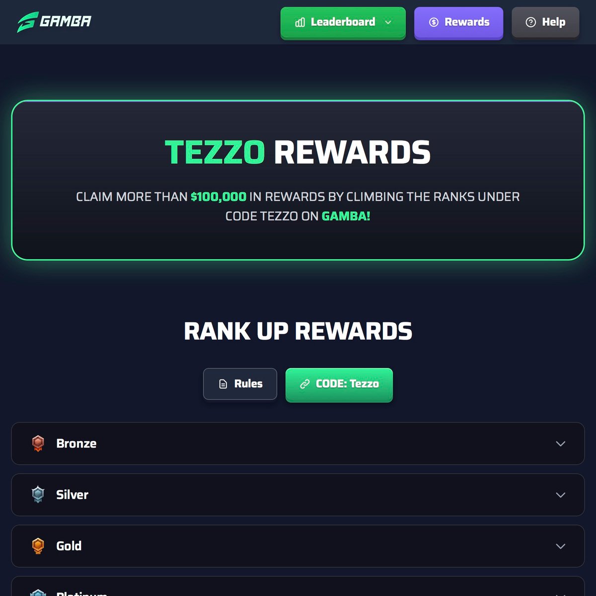 Use code "TEZZO" on Gamba to gain access to:                                                    

🔥The highest reward paying casino
Over $100,000 to my code users                                                      

🔥In addition $15,000 given out in weekly challenge