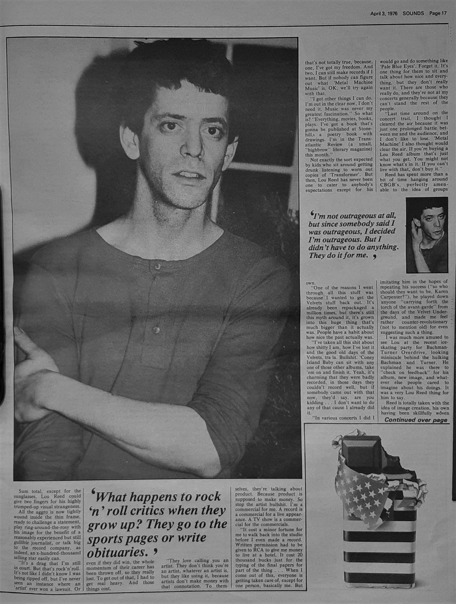 SoundsClips's tweet photo. 3rd, April 1976 and article on Lou Reed by Toby Goldstein and pics by Kate Simon. "I've taken all this shit about how shitty I am, how I've lost it and the good old days of the Velvets, tra la. Bullshit."
@LouReed https://t.co/rqZhPP77T7