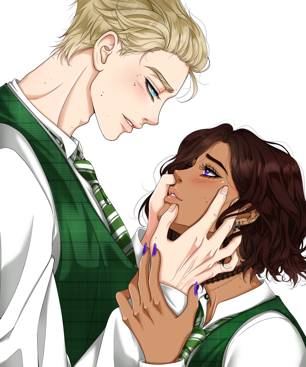 SnakyVicky's tweet photo. Ominis &amp; Victoria by the talentuous @DrawingsYukaa 💚

It's a scene of the fiction i am writting with @EWallgarden where Ominis is touching Victoria's face to "see" her with his hands 🥰

#hogwartslegacy #art #ominisgaunt https://t.co/wkpw8rhWfQ