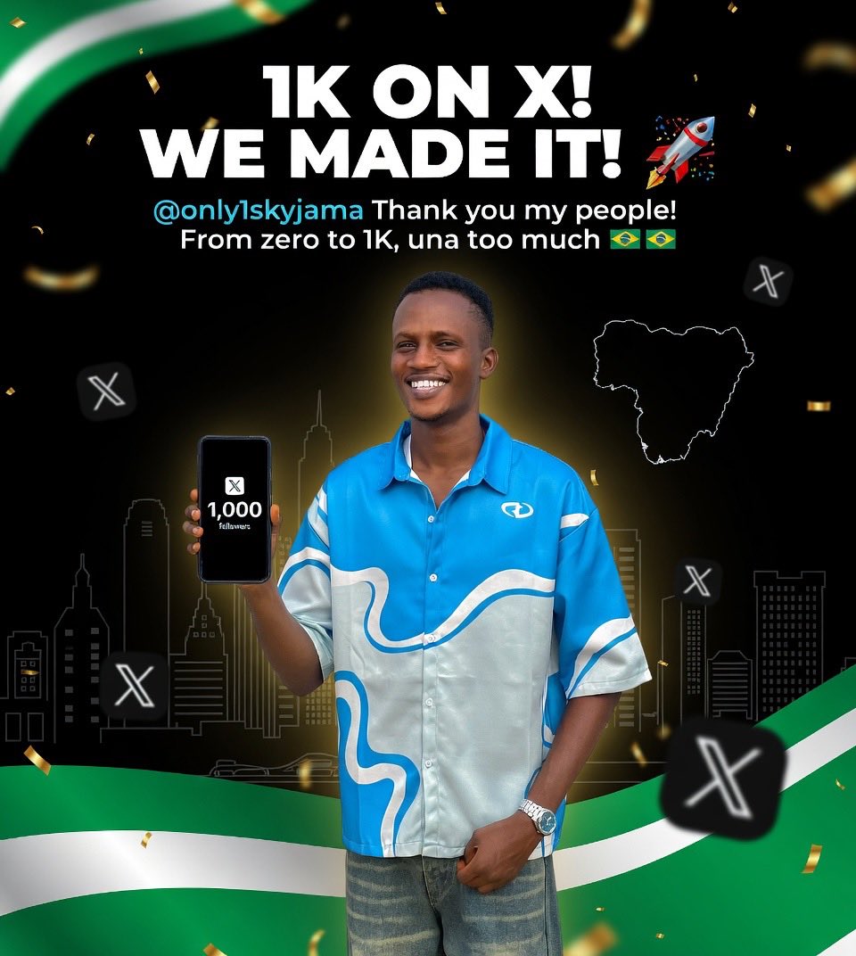 only1skyjama's tweet image. 🎉 1K ON X, WE MADE IT! 🚀
Big thank you to every single one of you!
From zero to 1K followers, una too much! 🇳🇬
Your love, comments, and support mean the world.
@only1skyjama
Naija to the world, we dey rise! 🔥
#1KFollowers #ThankYou #NaijaOnX