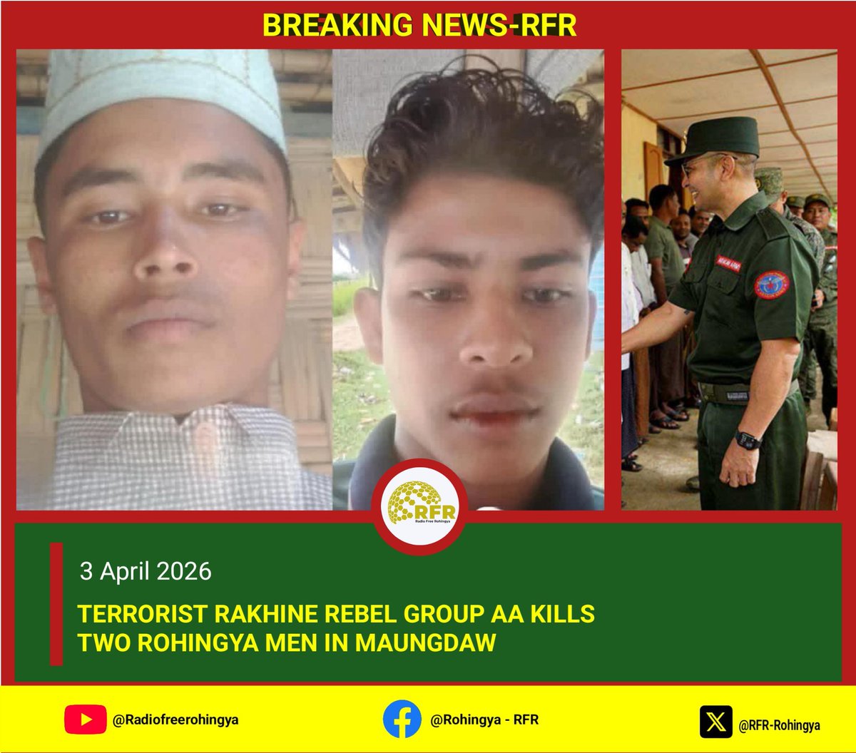 Terrorist AA kills two Rohingya men in Maungdaw. Mohammed Younus (19) &amp; Mohammed Salam (22) were arrested while returning from work on 27 Mar, tortured, and dumped in a stream. Locals say they were ordinary young men just trying to earn a living. #RFR_MEDIA