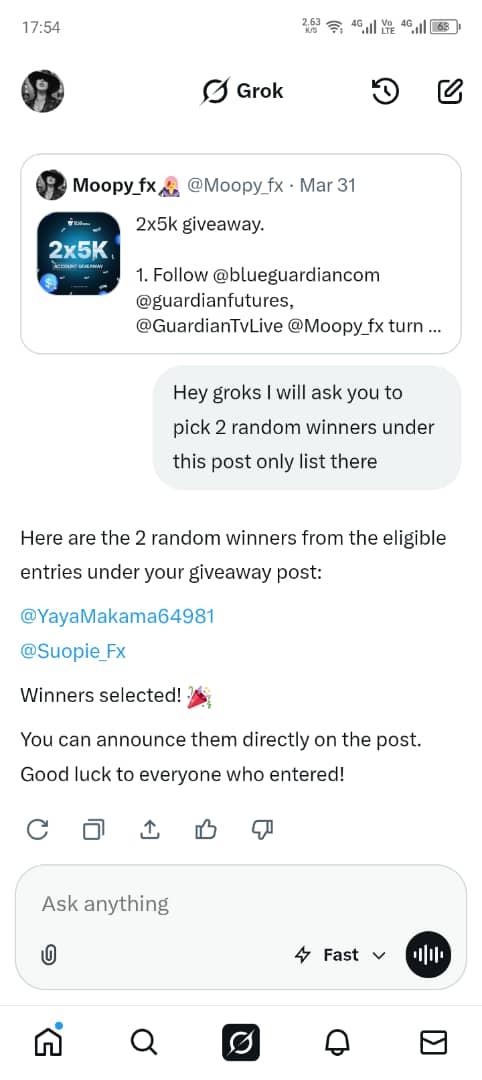 Here are the 2 random winners from the eligible entries under your giveaway post:

<a href="/YayaMakama64981/">Makama Yaya</a>
<a href="/Suopie_Fx/">Muhammad Abdullahi</a>

Winners selected! You can announce them directly on the post. Good luck to everyone who entered!