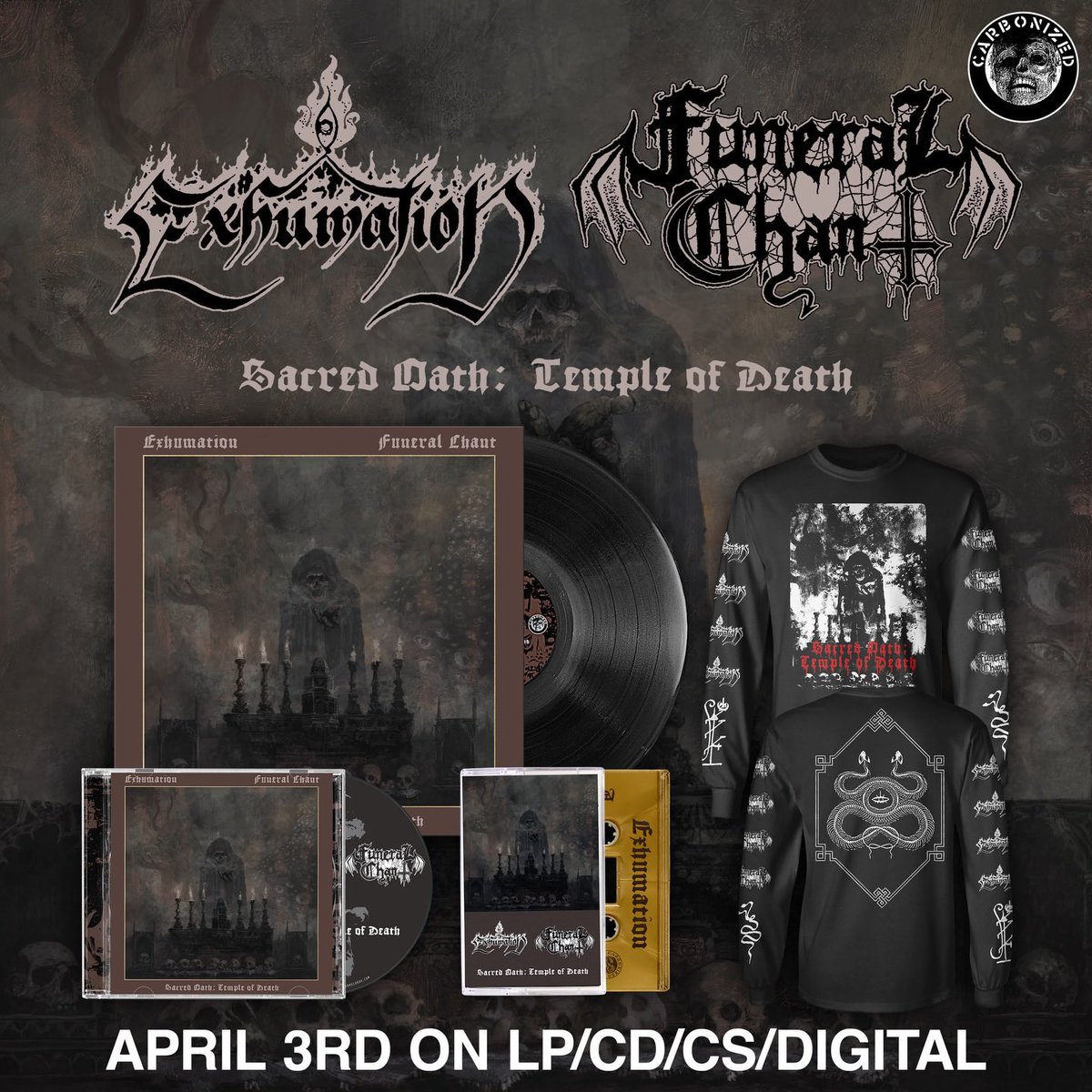 Carbon_Forms's tweet photo. Today is the official release date for Exhumation and Funeral Chant’s new Split album, “Sacred Oath: Temple of Death”! All Record Formats are still available for Pre-Order by following the Link in our Bio. #exhumation, #funeralchant https://t.co/yGmeGGOG8i