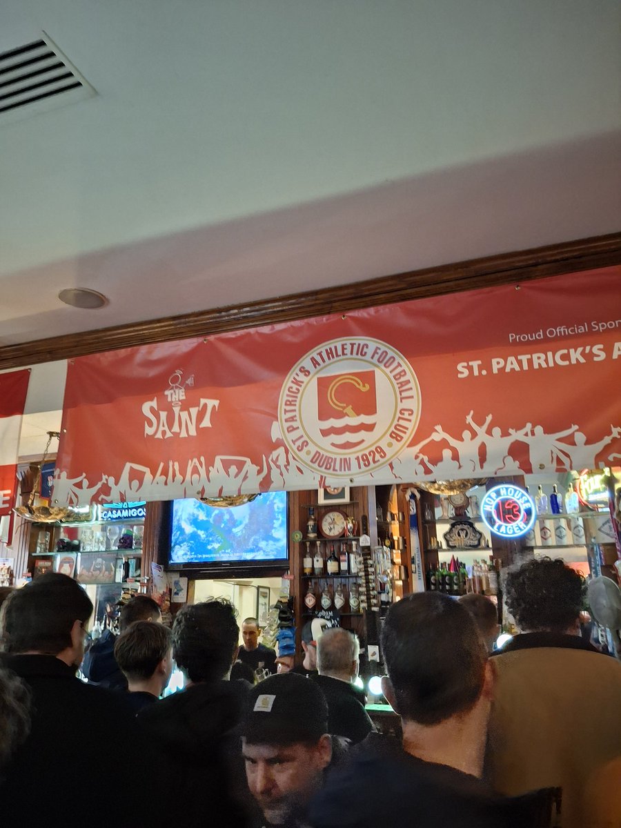 Seanismoney's tweet image. At The Saint here in Dublin before St Pats vs Sligo.  Have St Pats 1H ML -135 and corners OVER 10.5 +130 #drink