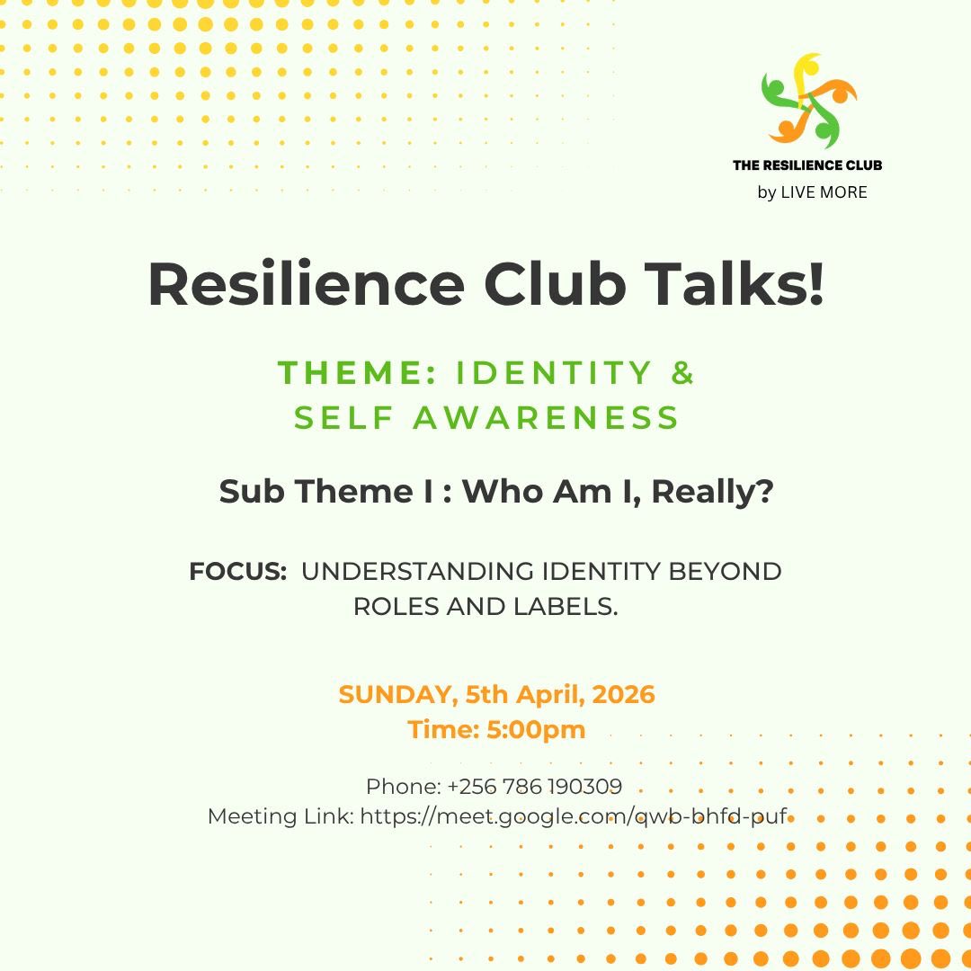 LIVEMORE_UG's tweet photo. Who are you beyond your roles and labels?
Join us this Sunday at 5PM for Resilience Club Talks.
#SelfDiscovery #Identity #LiveMoreUG #ResilienceClub https://t.co/VftLopmD44
