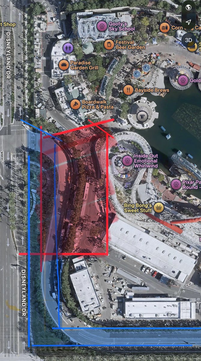 JimShull's tweet image. So based on everything #Coco will be in the red marked area, and a revised service road will be in the blue area.  Not as big a Coco ride as hoped, but #DCA has limited expansion room.  Following this story on YouTube.com/jimhshull