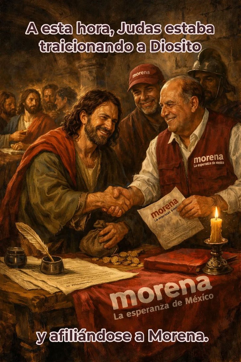 LayoHdez's tweet image. A esta hora, #Judas estaba traicionando a #Diosito y afiliándose a @PartidoMorenaMx.

(Frases que si dijo #ChumelTorres)