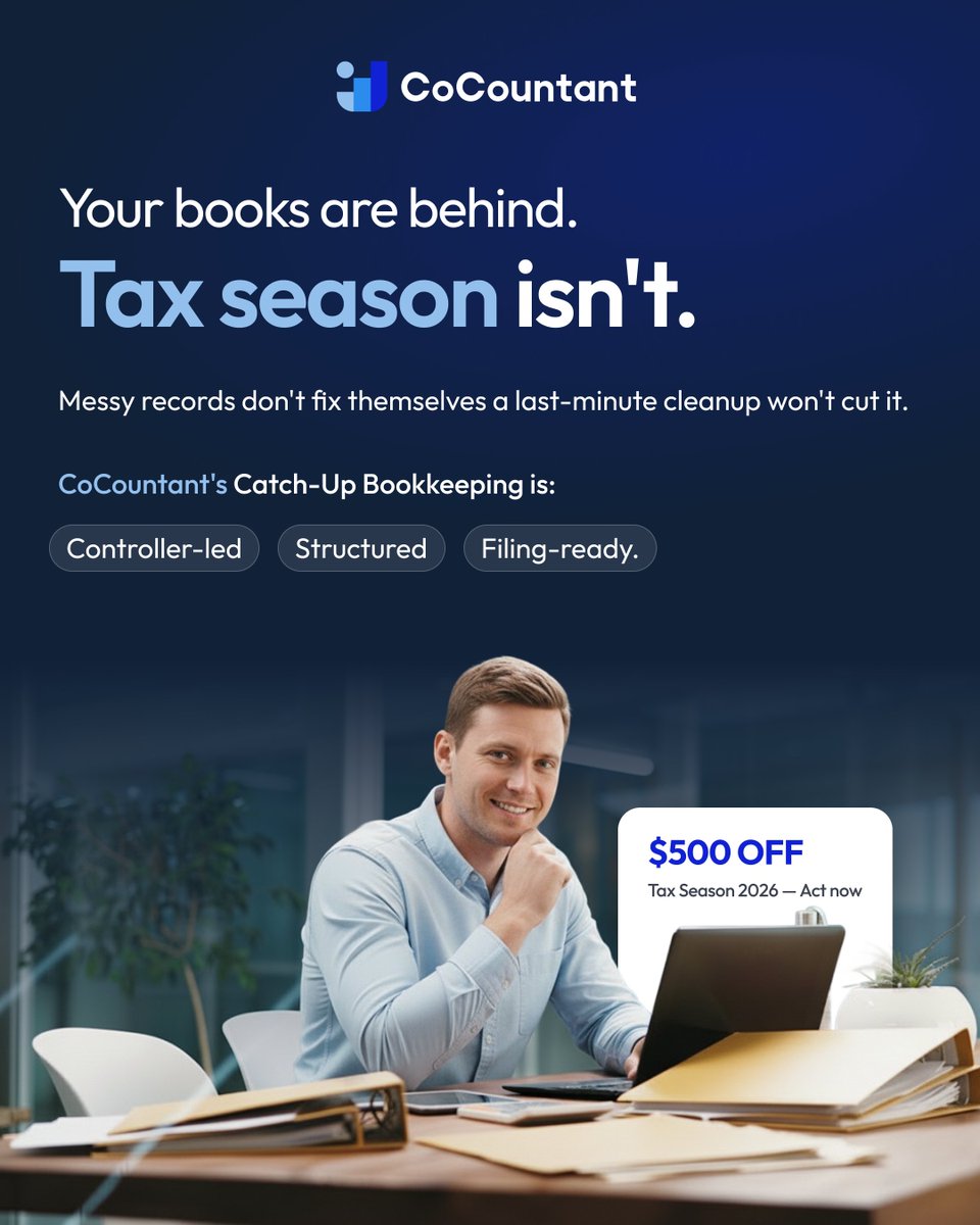 CoCountant's tweet photo. Your books are behind. Tax season is not.

Last-minute cleanup often creates more risk than clarity. Rushed fixes miss inconsistencies, leave gaps, and result in financials you cannot fully rely on.

Catch-up bookkeeping restores structure. Reconciliations are aligned, records are corrected, and your financials become filing-ready with controller-level oversight.

If your books are behind, restore them properly with CoCountant’s Catch-Up Bookkeeping: https://t.co/kCz8nAr2tz

#Bookkeeping #TaxSeason #FinancialClarity #SmallBusinessFinance #AccountingTips #ControllerLed #TaxPreparation #BusinessFinance #CoCountant