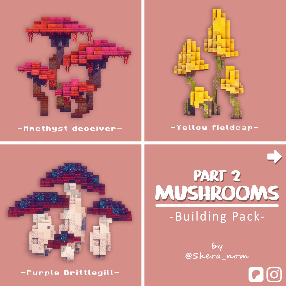 Shera_nom's tweet photo. Here are some custom mushrooms🍄 I've made <3 Which one do you like the most?
✨Like and follow for more!
 #Minecraft #Minecraftbuilds #minecraft建築コミュ https://t.co/jgQXwhSmpc