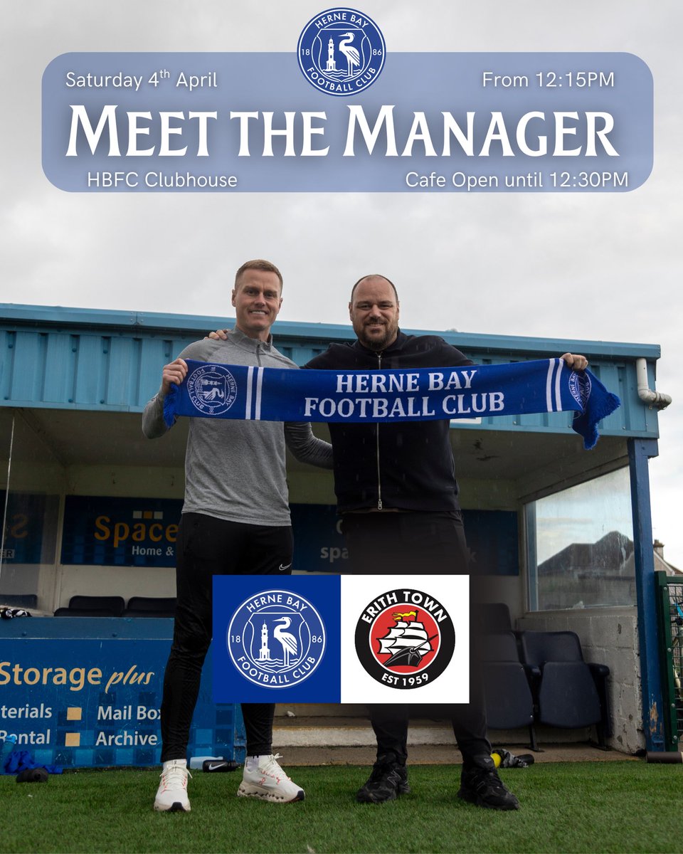 HerneBayFC's tweet photo. Ben Smith &amp; Ben Brown will be at the ground from 12:15PM tomorrow ahead of our game against Erith Town FC. Come down and meet the returning gaffer!

More news to come at 8:30 this evening 👀🔔

#HBFC | #WeAreTheBay https://t.co/V9wGFJoFmB