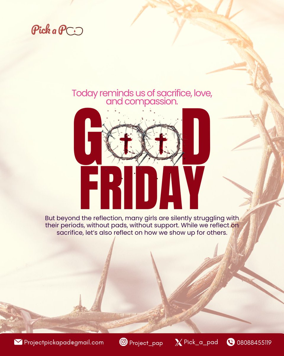 pick_a_pad's tweet photo. On this Good Friday, we reflect on sacrifice, love, and compassion.
At PICK A PAD, we carry that spirit forward by showing up for young girls ensuring no one has to choose between dignity and their period.🩸
#PickAPad #GoodFriday #MenstrualEquity #ServeWithLove https://t.co/ufzqhdfWW5