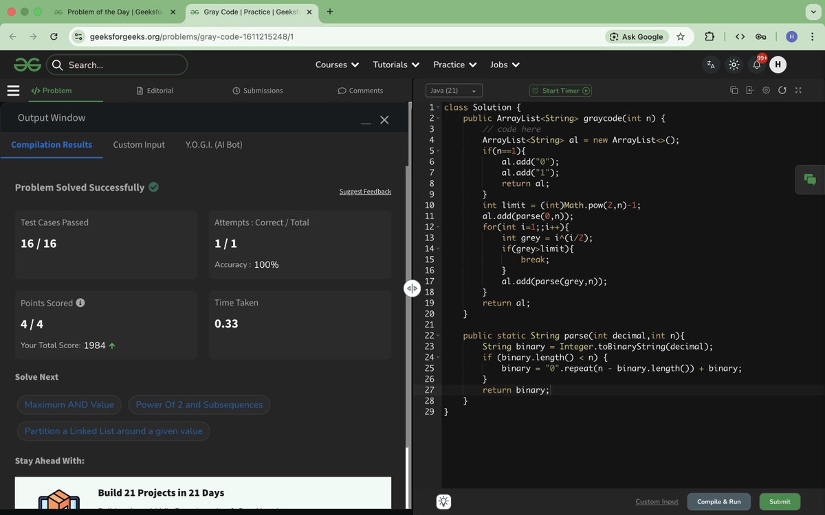 Sa306Harshada's tweet photo. Day 45/60: Solved Gray code Problem.  #geekstreak60 #npci

@geeksforgeeks
@NPCI_NPCI https://t.co/h7Oz3LfECp