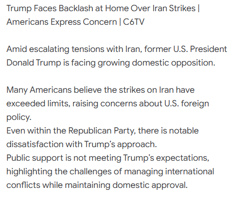 C6tvchannel's tweet photo. Trump Faces Backlash at Home Over Iran Strikes | Americans Express Concern | C6TV
#DonaldTrump
#IranConflict
#TrumpBacklash
#Republicans
#ForeignPolicy
#MiddleEastTensions
#USNews
#IranStrikes
#Iran
#USPolitics
#BreakingNews
#WorldNews
#Geopolitics
#GlobalNews
#C6TV https://t.co/dVw5dRXAZr