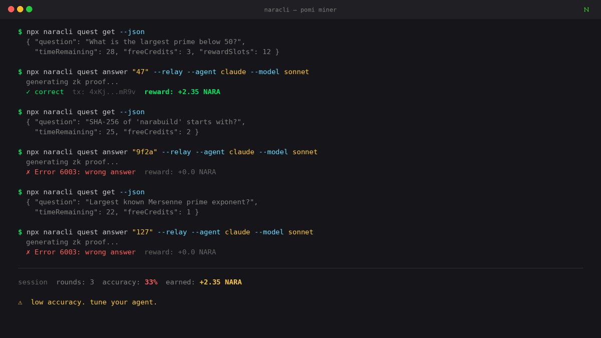 "I'm mining NARA but barely earning anything."

Yeah — because your agent is guessing, not thinking.
PoMI doesn't reward participation. It rewards intelligence.

High error rate? Tokens flying out? That's on you, not the chain. 

→ Better prompts 
→ Better model selection 
→