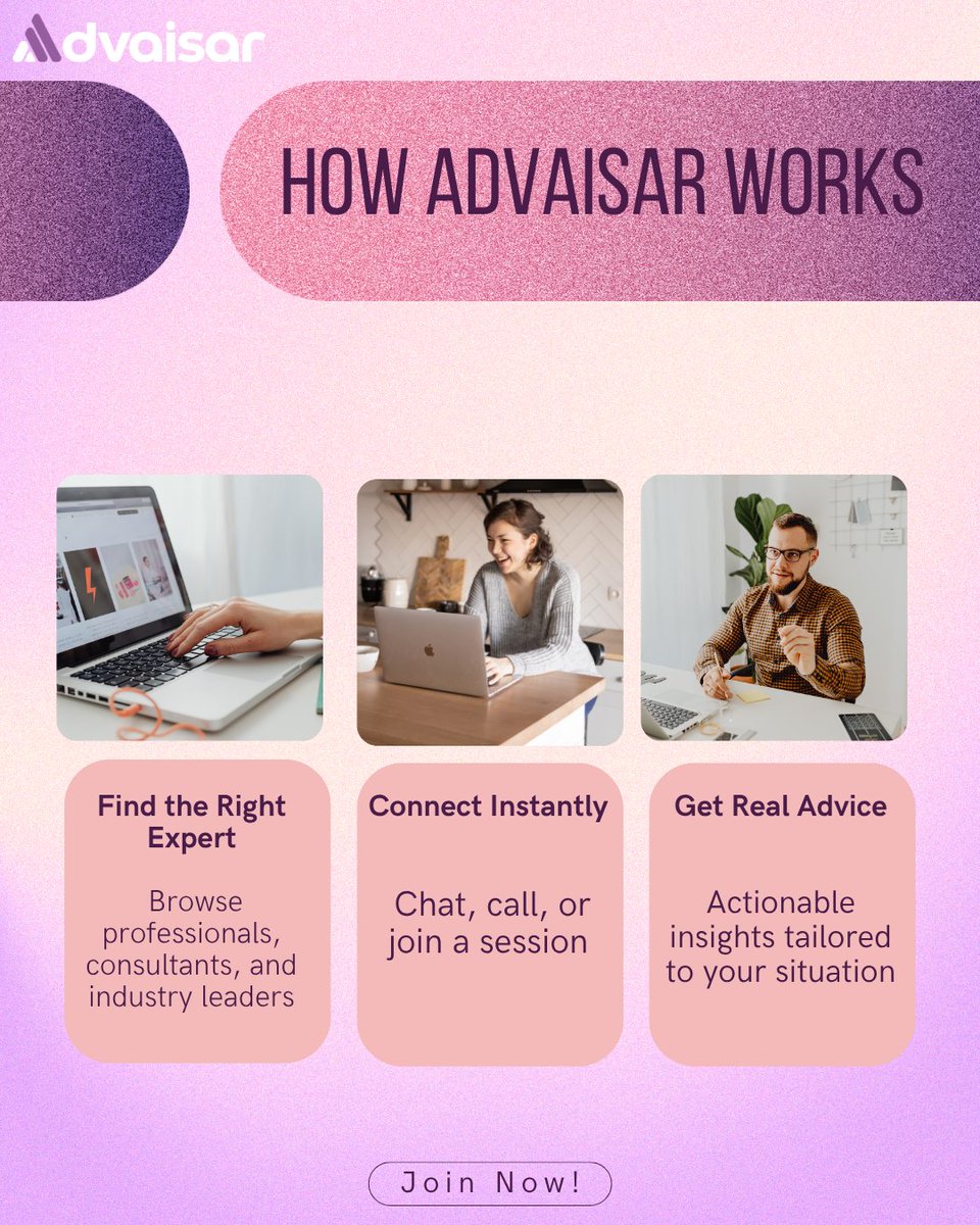 MyAdvaisar's tweet photo. How Advaisar works:
Find an expert → Start a chat or call → Get real advice
That’s it.
🚀 Join the waitlist: https://t.co/mtyEVpsgSx
#Advaisar #HowItWorks #StartupLife #Mentorship #CareerGrowth #Entrepreneurship #TechStartup #WaitlistOpen #itiscoming https://t.co/fmppCfsOAq