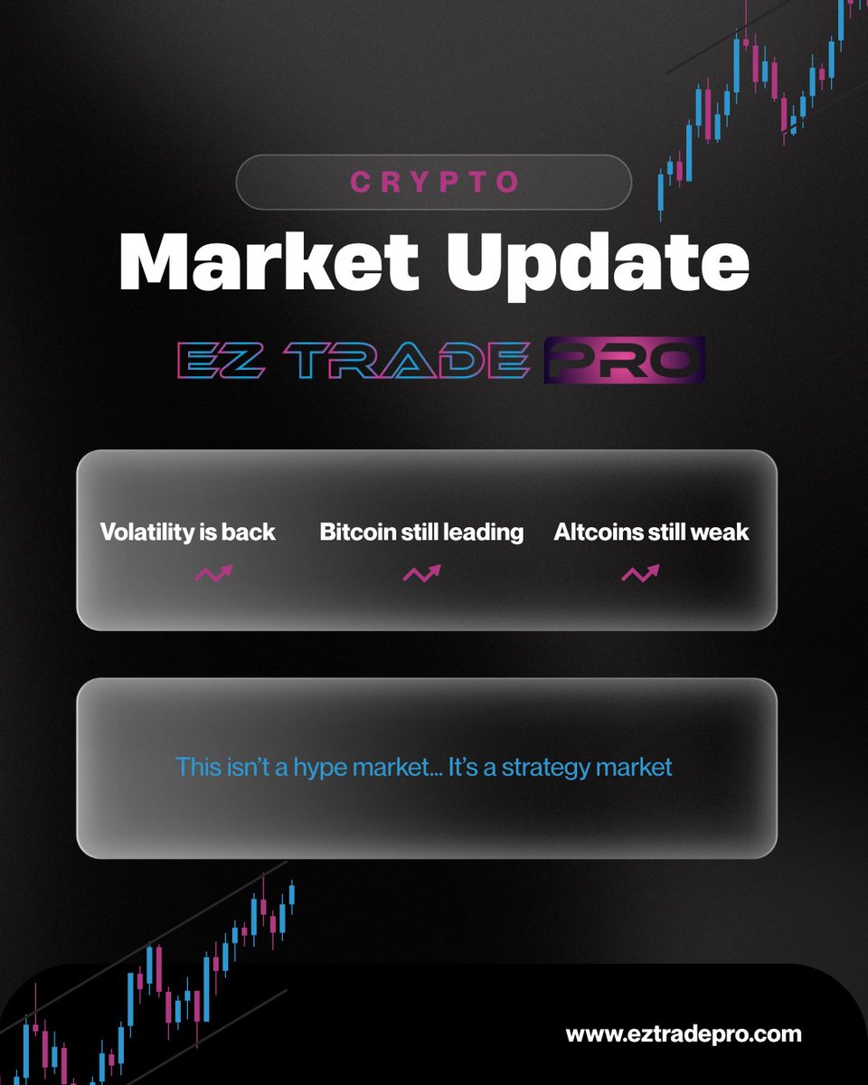 EZTradePro's tweet photo. What’s new in crypto right now? 👇

Volatility is back ⚡
 Bitcoin still leading
Altcoins still weak 📉
Sentiment = cautious 😬
This isn’t a hype market…
It’s a strategy market
👇 Where are you at?
A) Cash 💵
B) Holding 🧊
C) Trading 📈
Turn volatility into opportunity ⚡
👉 https://t.co/MTyHFeUPiZ

#crypto #bitcoin #trading #dca
