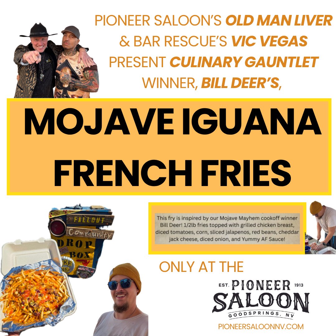 PioneerSaloon13's tweet photo. Try our new "Mojave Iguana French Fries", a creation from Mojave Mayhem's Culinary Gauntlet winner, Bill Beer.
#fallout #falloutnewvegas #falloutfancelebration #pioneersaloon #goodsprings https://t.co/OuGGyMa1xM