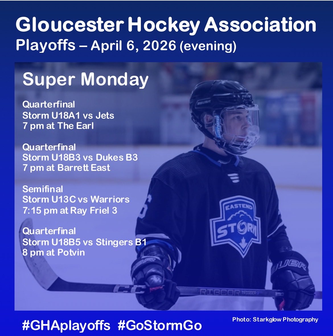 🚨 A second slate of playoff games for Super Monday. After an exciting U18A1 win last night, the schedule is set. Five afternoon games and four evening matchups for our Storm. Get out and cheer on your teams. Super proud for our inaugural season. 
#GoStormGo #GHAplayoffs