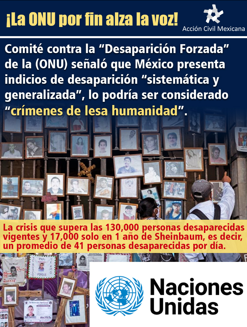 AccionCivilMX's tweet image. #URGENTE La #ONU por fin voltea a ver la crisis de desapariciones en México y señala que podría tratarse de "Crimines de Lesa Humanidad".
Esto implica una "crisis de legitimidad internacional" para el desprestigiado #NarcoGobierno de morena que no se cansa de negar la realidad.