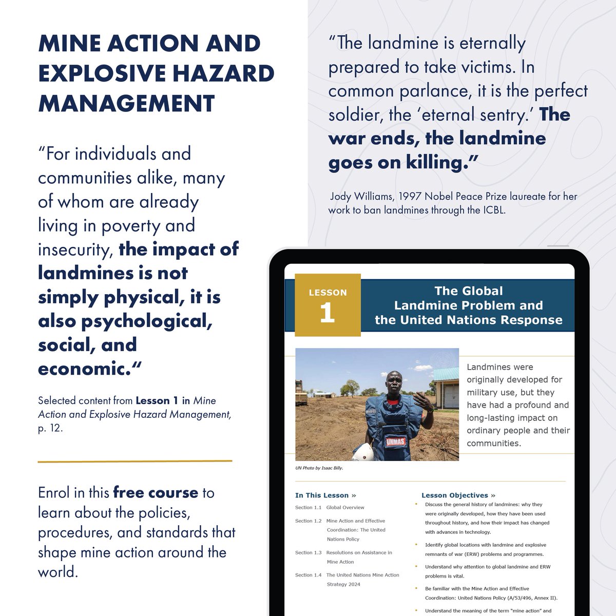 peaceoperations's tweet photo. On the Intl Day for Mine Awareness and Assistance in Mine Action, we encourage you to enrol in our free course, Mine Action and Explosive Hazard Management. Developed in collaboration with @UNMAS, it introduces critical topics in #MineAction https://t.co/bI4UJlbR3Y