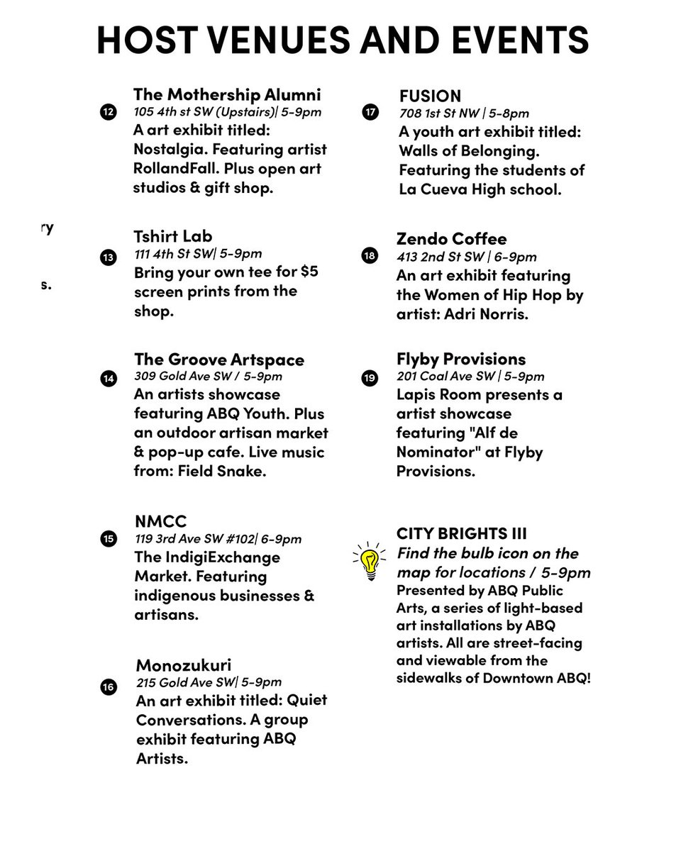 ABQartwalk's tweet photo. TONIGHT is 8 years of ABQ Artwalk! Grab this month’s map at participating locations and online to navigate tonight’s featured artists, exhibits, venues and @ABQPublicArt art installations! 

Tonight Friday April 3rd 5-9pm ✨

https://t.co/dPrgYwrSPV https://t.co/kNsBMH7w89