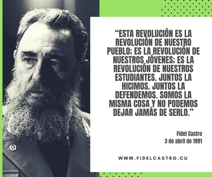 #FidelCastro: “Esta Revolución es la Revolución de nuestro pueblo; es la Revolución de nuestros jóvenes; es la Revolución de nuestros estudiantes. Juntos la hicimos. Juntos la defendemos...”
#100AñosConFidel
#UnidosPorCuba
<a href="/yoeaberob1/">Yoel Perez Garcia</a> <a href="/AsambleaCuba/">Asamblea Nacional Cuba</a>