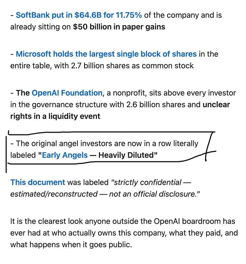 devchuksemeka's tweet photo. Something feels a bit weird, few days ago, Claude code codebase got leaked, now it’s OpenAI Cap table that got leaked, though not confirmed but interesting to see.

Anyways this part caught me 
 
“Early Angels — Heavily Diluted” https://t.co/NnkYa0wk2c
