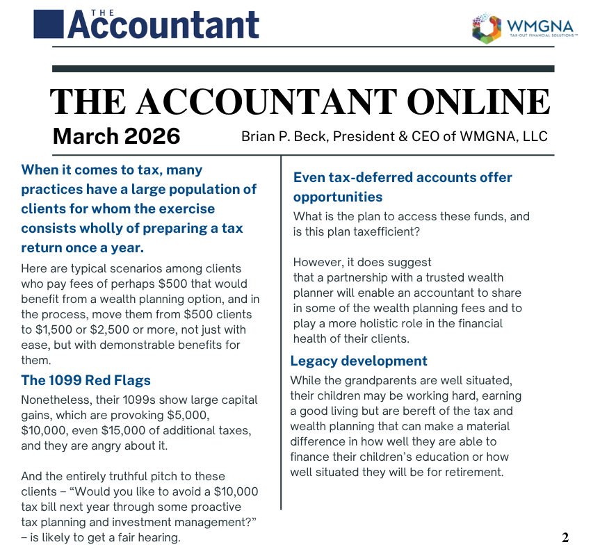 WMGNA's tweet photo. The traditional CPA model leaves a lot on the table.
Most clients only get tax prep…

When what they actually need is ongoing tax + wealth strategy.
This is exactly why we believe there is a huge opporuntity for financial advisors to partner with CPAs. https://t.co/0TsmAb8dwG