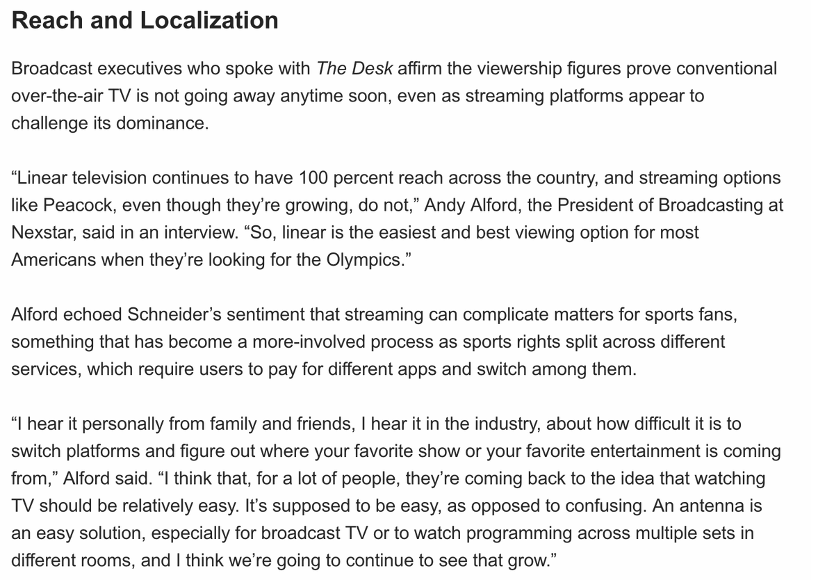 MatthewKeysLive's tweet photo. Broadcast TV routinely outperforms streaming when it comes to premium sports viewership, and a senior Nexstar executive told me his reasons why he thinks this might be the case. https://t.co/UhgjfppXFt  $NXST https://t.co/VLrS4TxFZe