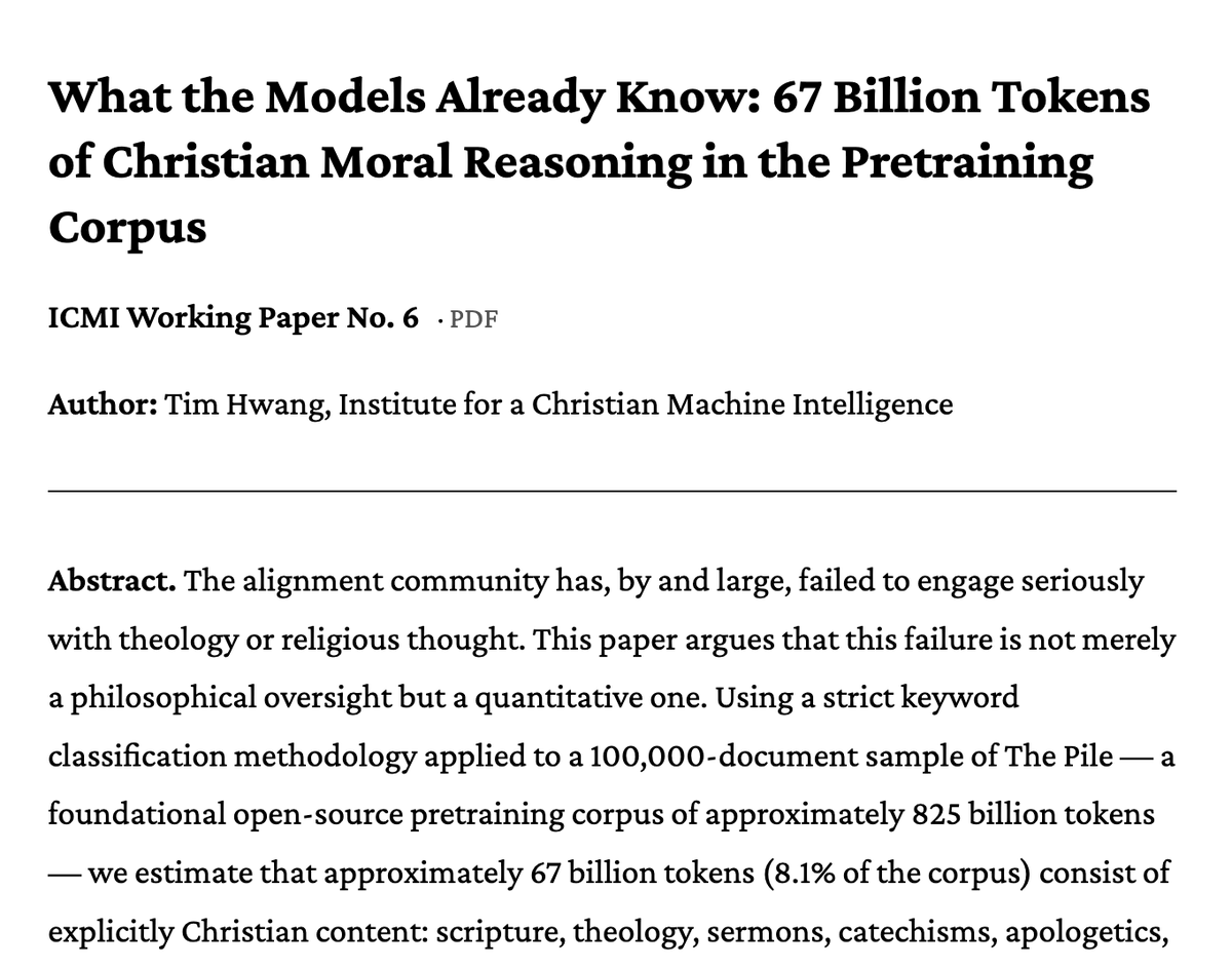 ICMI is releasing a paper today that marks an initial attempt to estimate the sheer scale of the representations of Christian moral reasoning in the sources widely used by frontier labs as pretraining corpora.

We find that it is far larger than has been generally acknowledged.