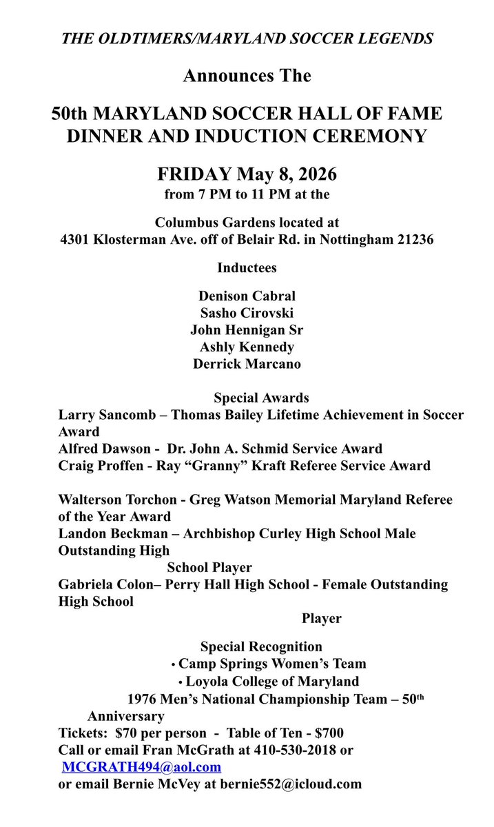 ChristosFC's tweet photo. Big recognition for one of our own 🙌

Larry Sancomb has been nominated for the Maryland Soccer Hall of Fame and will be honored with the Thomas Bailey Lifetime Achievement in Soccer Award at the 50th Annual Induction Ceremony.

A well deserved honor for everything he’s given to the game in Maryland. 👏⚽️

#CTID