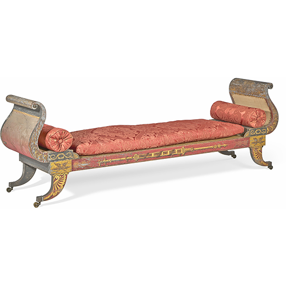 AntiqueDigest's tweet image. Classical parcel-gilt paint-decorated poplar &amp;amp; maple Grecian couch attributed to John Finlay (1777-1851) &amp;amp;  Hugh Finlay (1781-1831) of Baltimore, c1815, sold to a collector for $190,500 (e 150,000/250,000) at @ChristiesInc maineantiquedigest.com/stories/we-the… #antiques #antique #furniture