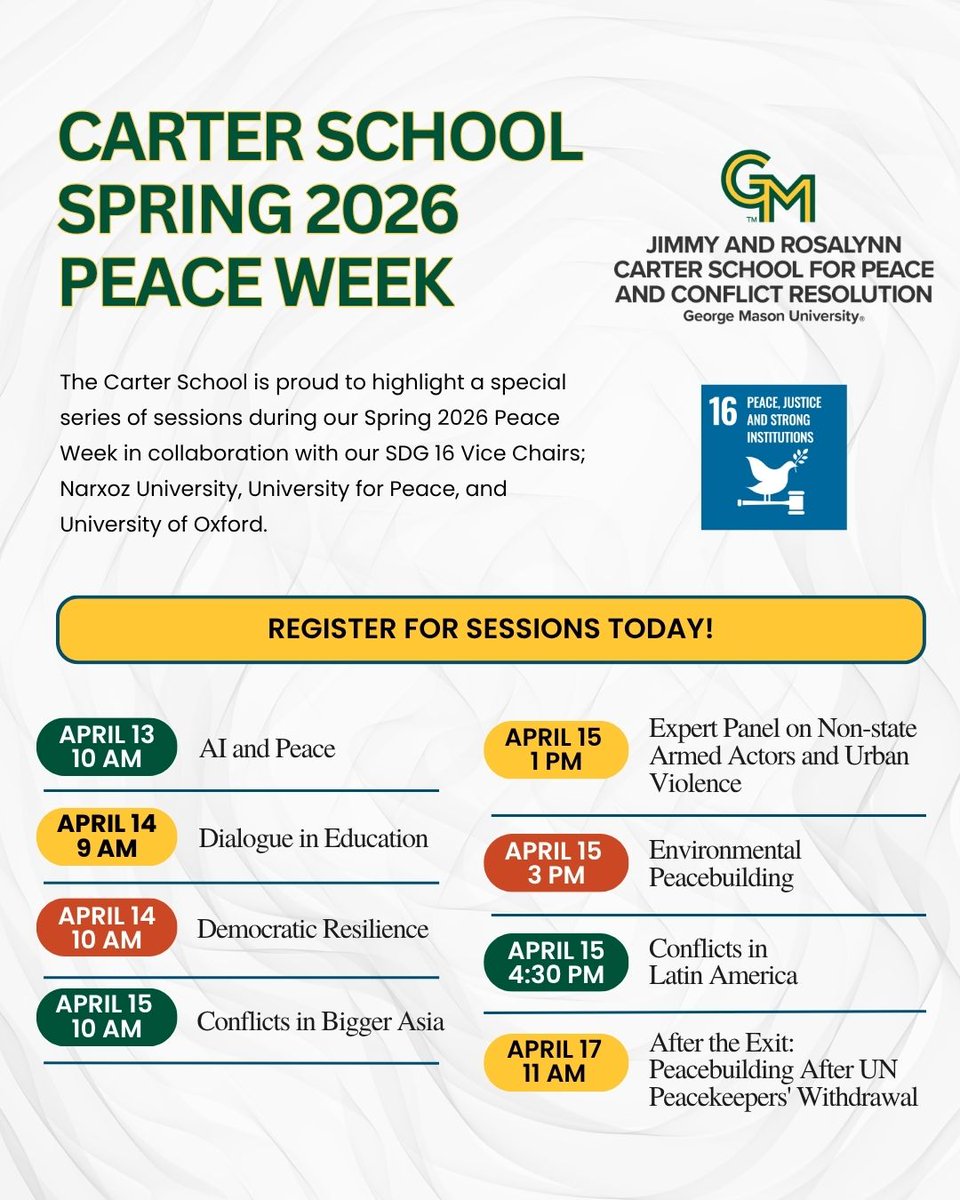 GMUCarterSchool's tweet photo. We’re proud to highlight a special series of sessions during Spring 2026 PW in collaboration with our SDG 16 Vice Chairs.

👉 Learn more here:
https://t.co/igJUHD5qSj

#MasonNation #GMUCarterSchool #SDG16 #PeaceWeek #GlobalDialogue #Peacebuilding @georgemasonu @ImpactUN https://t.co/x1zEnhRqrH