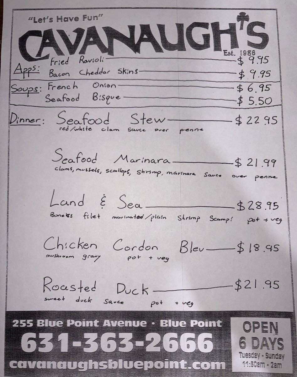 CavanaughsPub's tweet image. Friday Night Dinner Specials, Kitchen Serving Dinner, Appetizers &amp;amp; To Go’s Till 9:30pm. #Bayport #BluePoint #cavanaughs #Steaks #BudLight