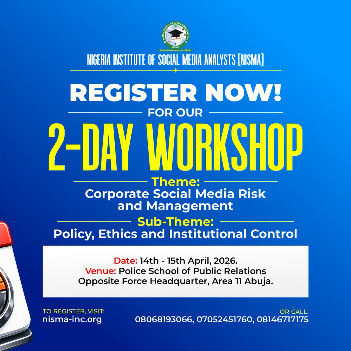 officialnisma's tweet photo. 11 DAYS COUNTDOWN! 🔥
.
Don't miss out!
Be part of the experience.
.
Register now at: https://t.co/aeYf1by7mj
Or call: 08068193066, 07052451760, 08146717175
.
.
#nisma #countdown https://t.co/834Z3HMeYI