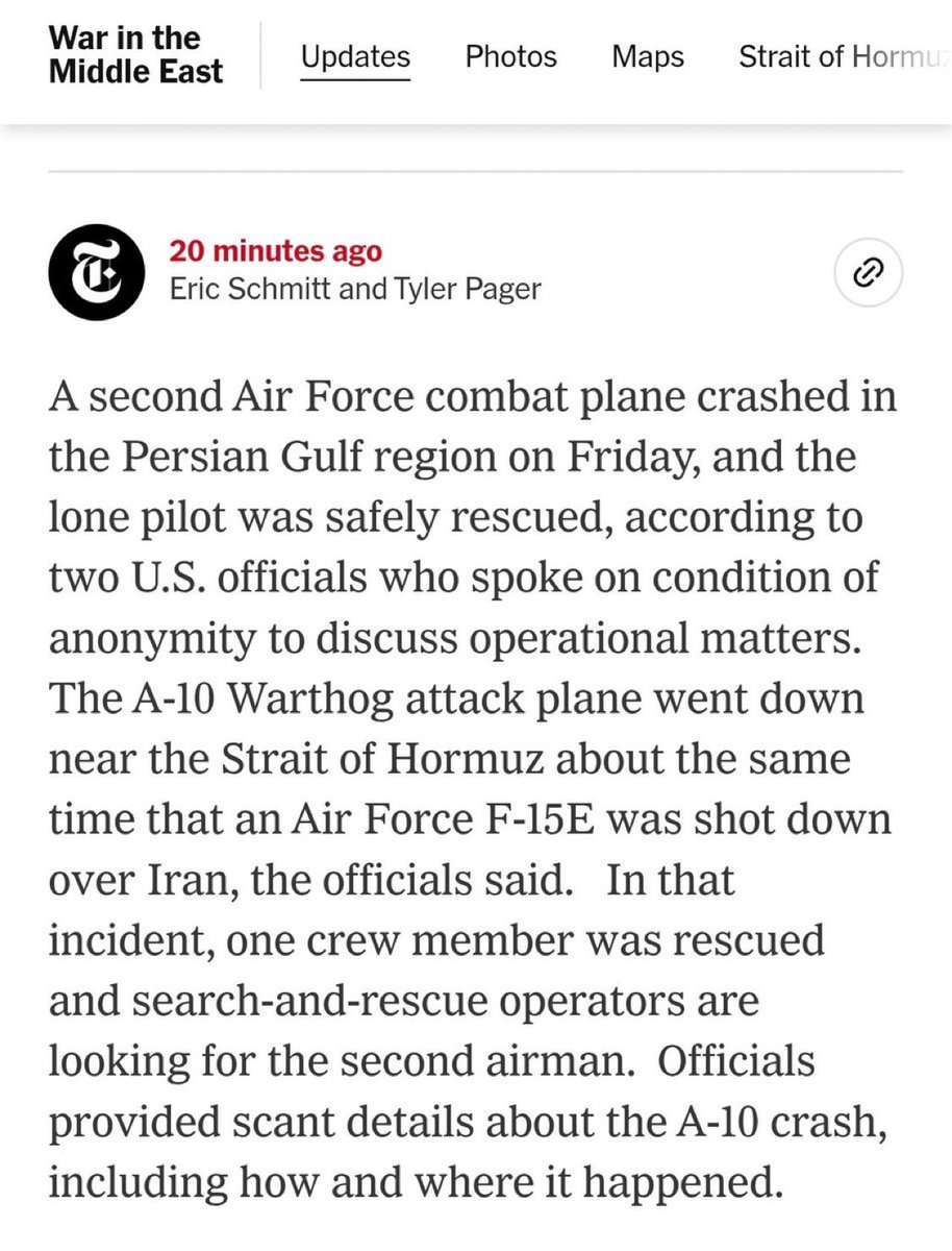 liderfiscal's tweet photo. #BOMBA #HUMILLACIONTOTAL 💥
Una noticia absolutamente impactante que, por alguna razón, aún no ha salido en los medios:
Según The New York Times, Irán también derribó hoy un avión A-10 estadounidense en la región del Golfo Pérsico.
Los aviones de EEUU y sus PortaAviones están más seguros en territorio Norteamericano, la humillación se consolida y es previsible que Donald Trump termine fuera de la presidencia para este verano
#Irán #IranWar #IranIsraelWar #Israël
#Nuevo_Orden_Mundial💥💥
👇🏼👇🏼👇🏼👇🏼👇🏼