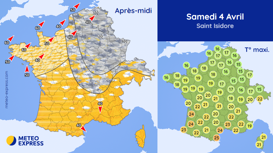 ⛅ Ce samedi : grand beau temps au sud. Soleil gagnant le nord-ouest mais restant gris au nord-est. ➡ meteo-express.com/previsions/pre…