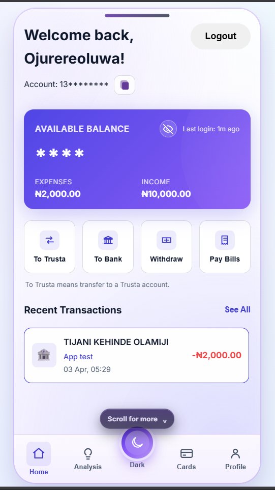 Dev_Ojurithm's tweet image. Excited to share my MERN stack banking app featuring simulated transfers, balance deductions, transaction history and a clean landing page. 🔗 trusta-bank-project.vercel.app
#IStudyAtSQI #ShowYourWork #SQICodingSchool #SQICollegeOfICT #SQI @sqicict