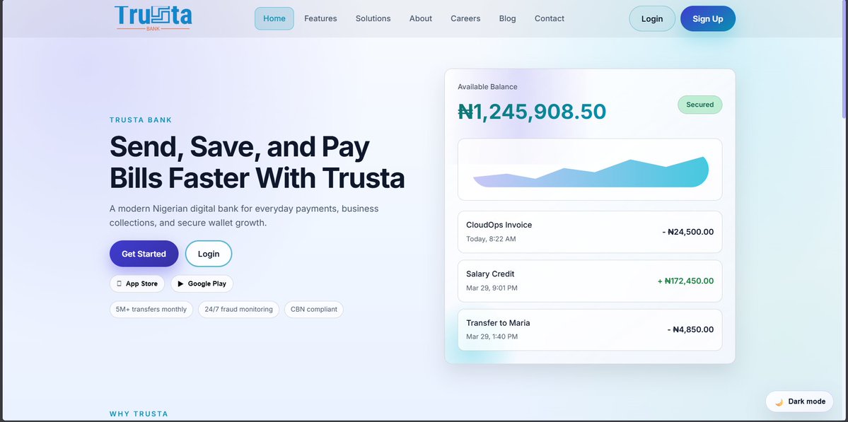 Dev_Ojurithm's tweet image. Excited to share my MERN stack banking app featuring simulated transfers, balance deductions, transaction history and a clean landing page. 🔗 trusta-bank-project.vercel.app
#IStudyAtSQI #ShowYourWork #SQICodingSchool #SQICollegeOfICT #SQI @sqicict