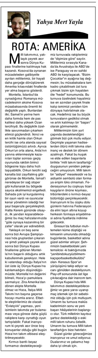 ymyayla's tweet photo. Giresun Gündem Gazetesi 04.04.2026 Yayın Tarihli "Rota: Amerika" Başlıklı Yazım

"Montella'nın değerini bilmeli, Hoca'yı pamuklara sarmalıyız. Zira Amerika'dan dönen ekipte Montella olmaz ve Hoca, İtalya Milli Takımı'nın başına geçerse hocayı mumla ararız." https://t.co/3Yd76dTh7n