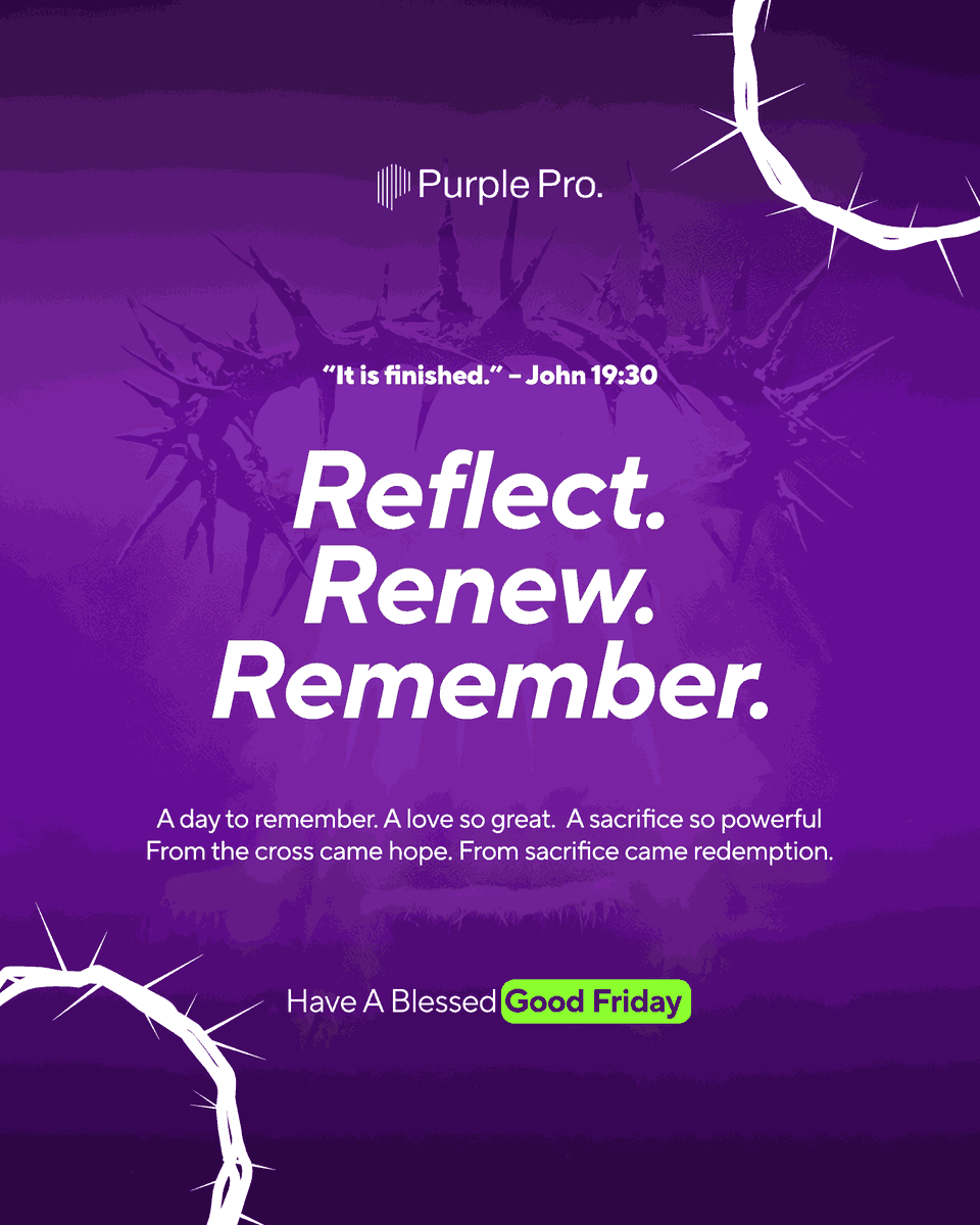 On this Good Friday, we remember the ultimate sacrifice…

A moment where darkness seemed to win — but light was already on the way.

At Purple Pro, we believe in light that never fails.

#GoodFriday #LightOverDarkness #PurplePro