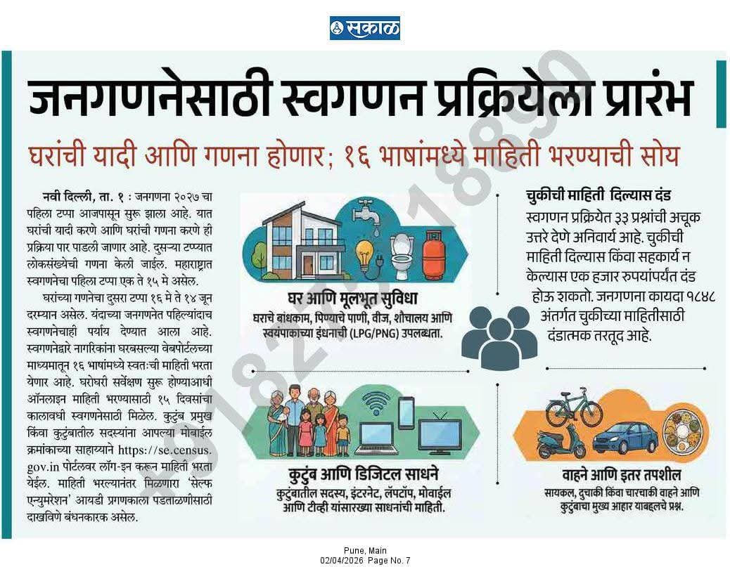 🚩 जनगणनेसाठी अत्यंत महत्त्वाची नम्र विनंती 🚩नमस्कार मराठी बांधवांनो,

लवकरच जनगणना २०२७ (Census 2027) सुरू होत आहे. ही जनगणना आपल्या भाषिक अस्तित्वासाठी एक महत्त्वाची लढाई आहे.

२०११ च्या जनगणनेमध्ये अनेक मराठी भाषिकांनी अनावधानाने किंवा सवयीने इतर भाषांची नावे नोंदवली होती.