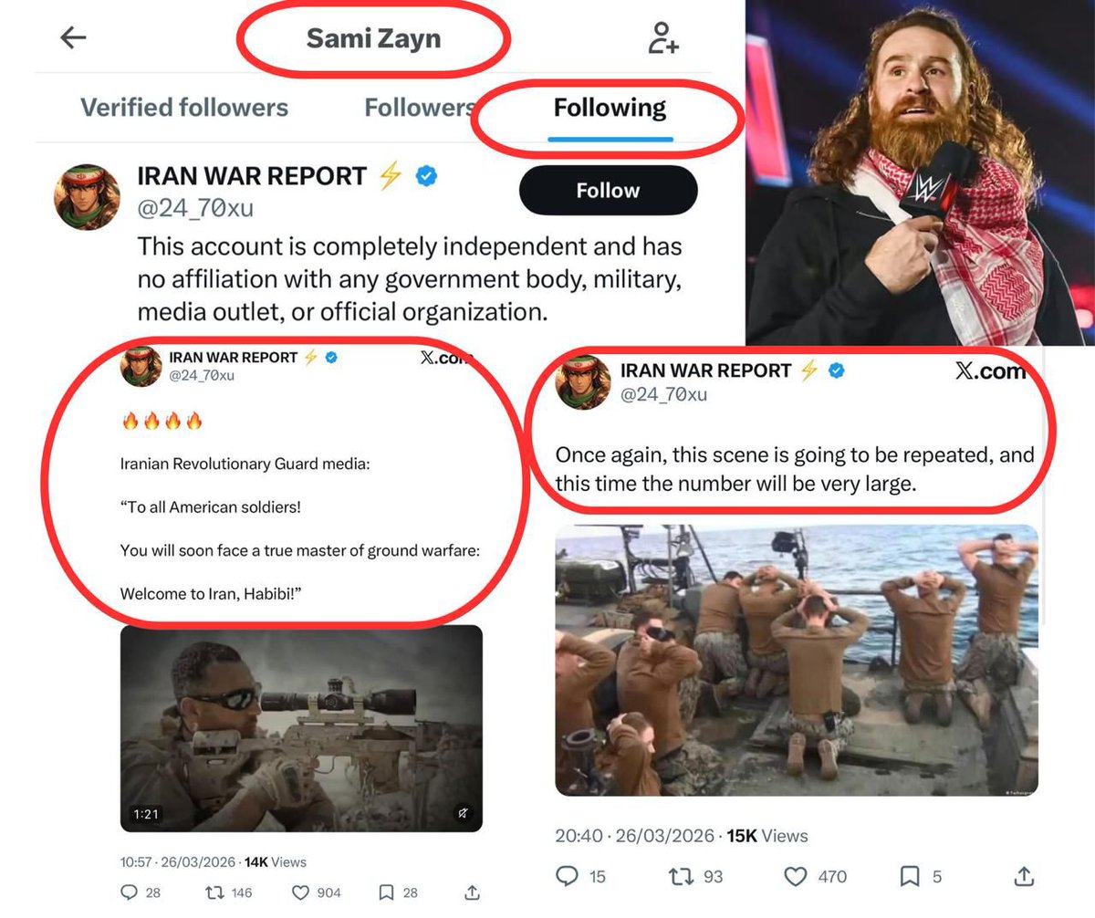 <a href="/WWE/">WWE</a> <a href="/SamiZayn/">Sami Zayn</a> <a href="/USANetwork/">USA Network</a> Will we hear an explanation as to why he follows anti American accounts who are rooting for the demise of the United States? All that while he's residing in Florida. This is an act off treason.