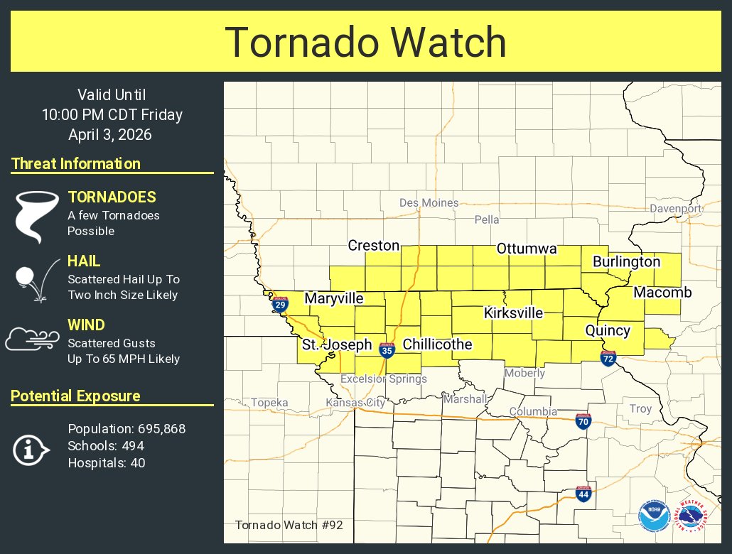 A tornado watch has been issued for parts of Illinois, Iowa, Kansas and Missouri until 10 PM CDT