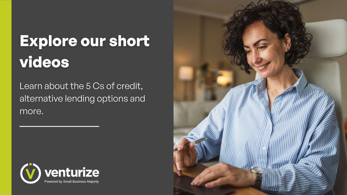 SmlBizMajority's tweet image. Only have a few minutes? Explore our short videos on #smallbiz essentials to help you grow and manage your business. Learn about the 5 Cs of credit, the Small Business Borrowers' Bill of Rights, alternative lending options and other key resources.

venturize.org/short-videos