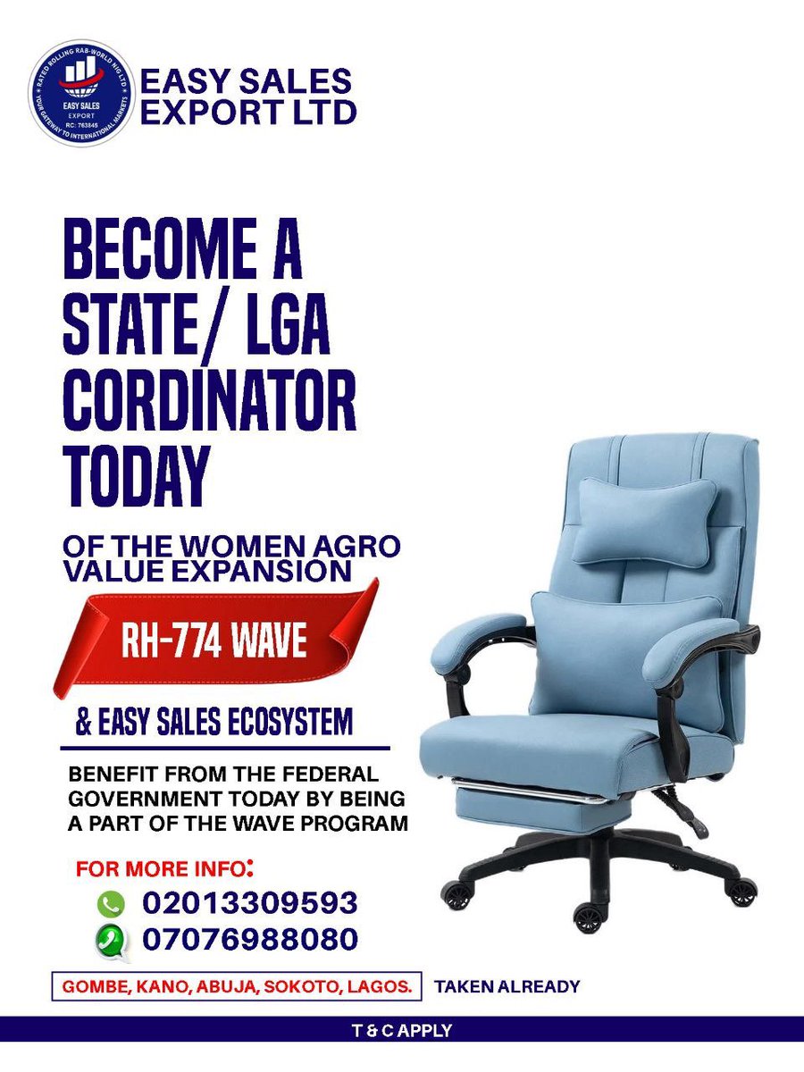 easysalesexport's tweet photo. Become a state or a local government coordinator today

Be part of the RH-774 WAVE  PROGRAM and EASY SALES ECOSYSTEM today by being among of the state licensed coordinator 
Contact the numbers on the flyer and then we take it up from there
#waveprogram #womeninagriculture #agro https://t.co/18iw6YRbjX