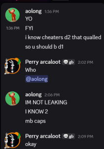 fhoa1x's tweet photo. Hey fortnite comp. @aolongplays Claims he knows who cheaters are that quailed div1 out of d2 and dmed 51st place saying "you should be d1 i know 2 cheaters that quailed div1 and im not telling you who." @FNCompetitive Can this person me punished or anything for this action? https://t.co/qKRjhZJ21J